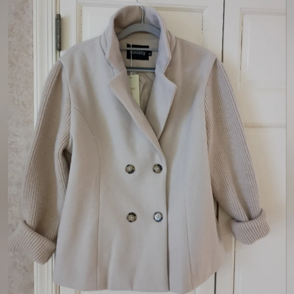 NWT.Ebossy Women's Double Breasted Peacoat - Cream and Tan